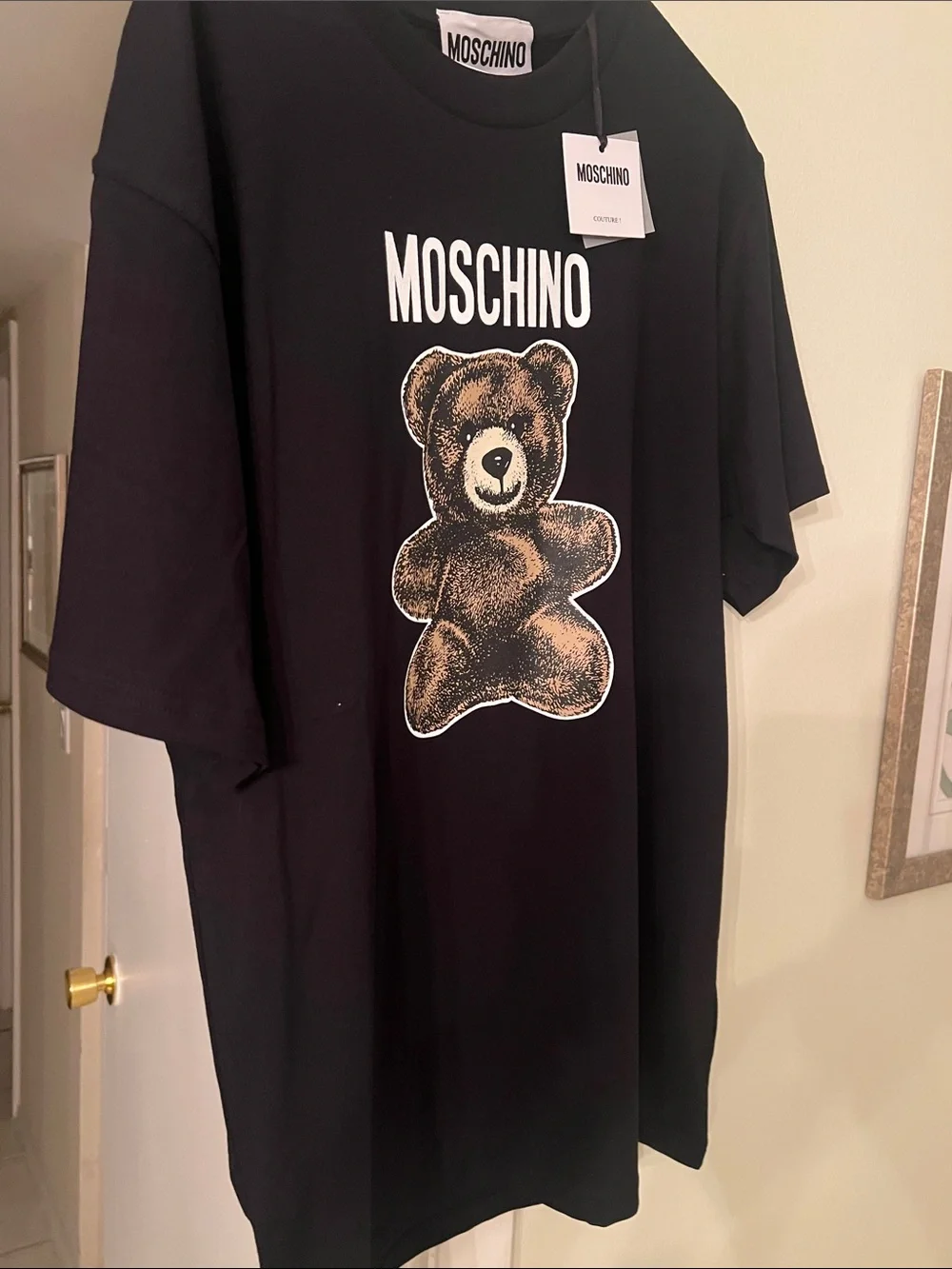 Moschino Black Tee with Brown Teddy Graphic and White Logo